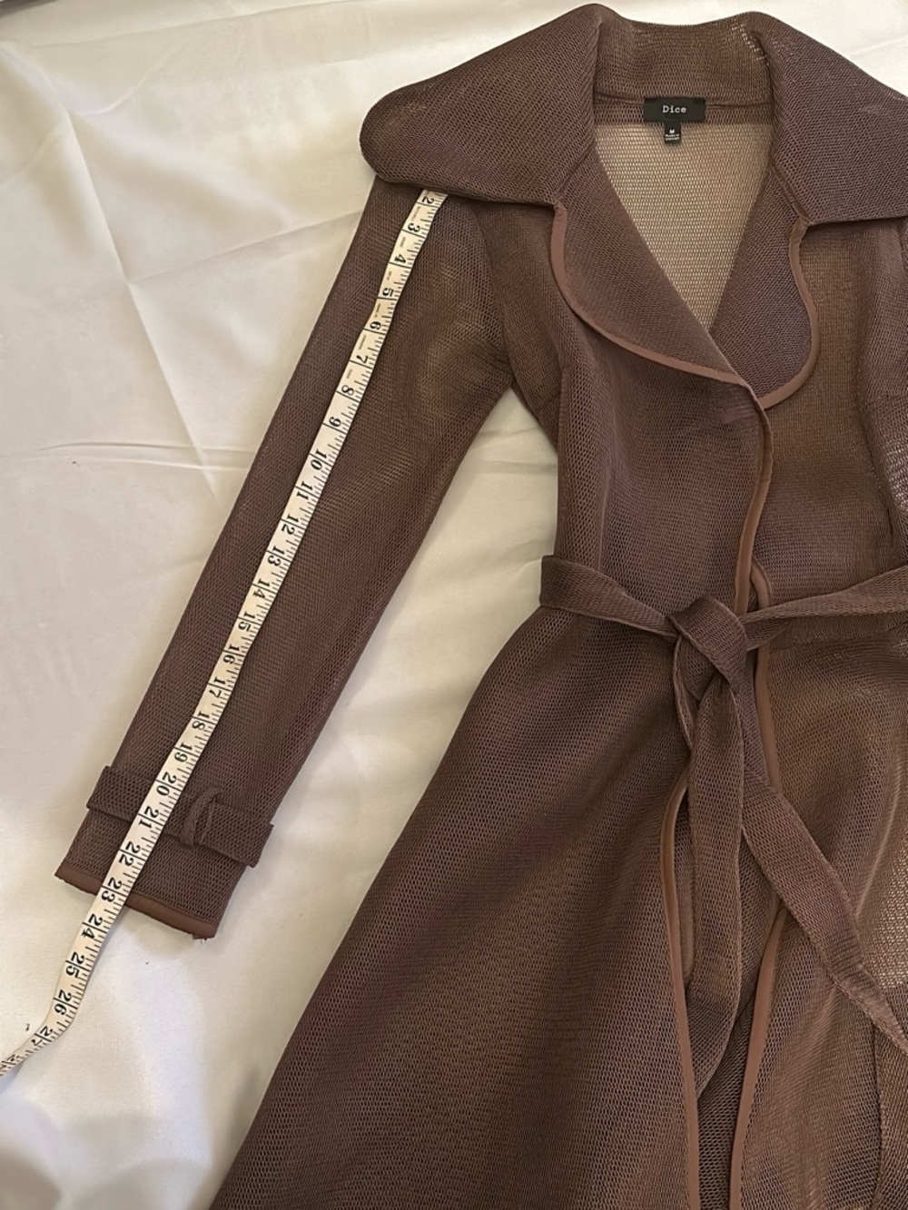 Brown Mesh Trench Coat – Belted Open Front Stretch | Women's Size: Medium - Picture 12 of 16